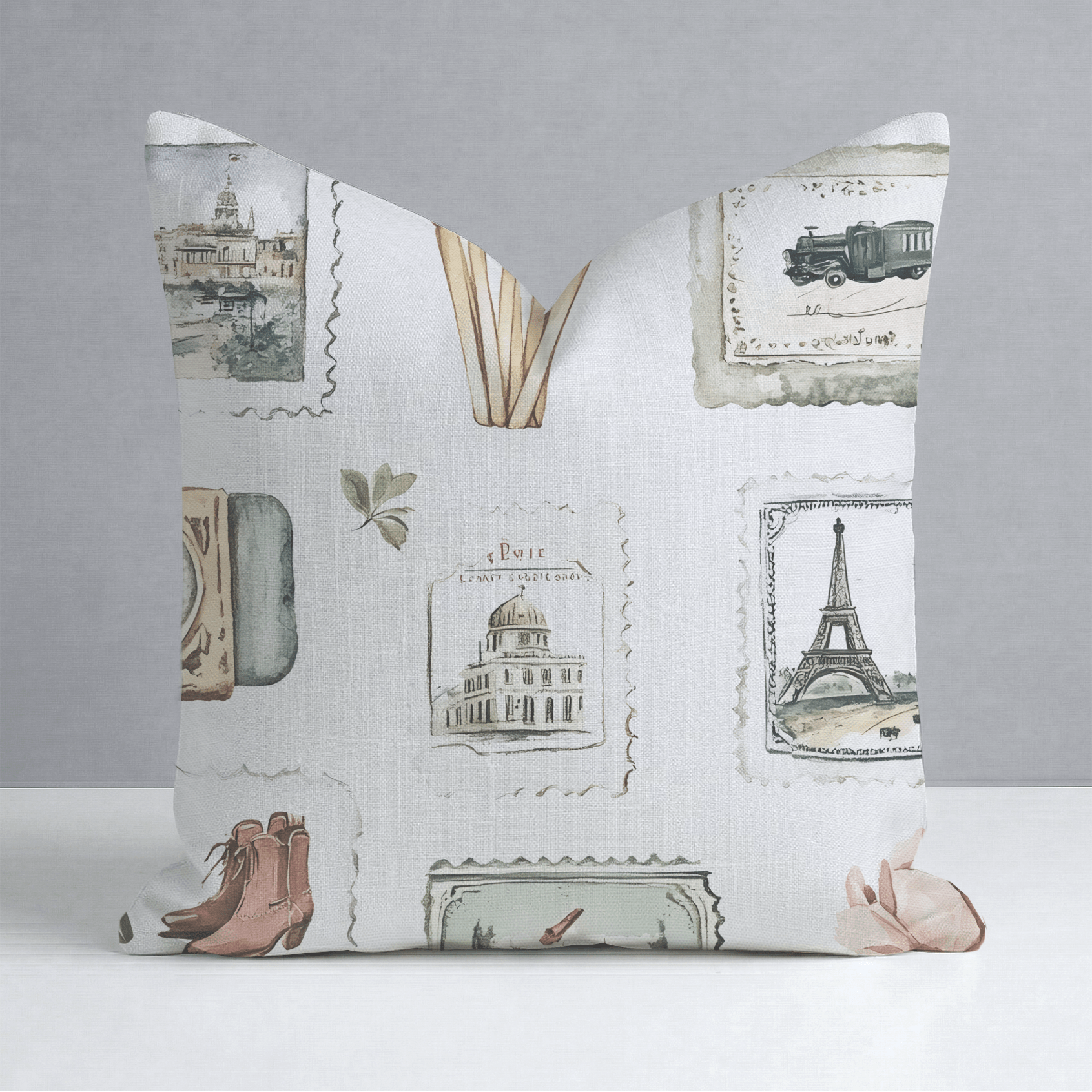 Postcards from Paris Throw Pillow - Lemon Park