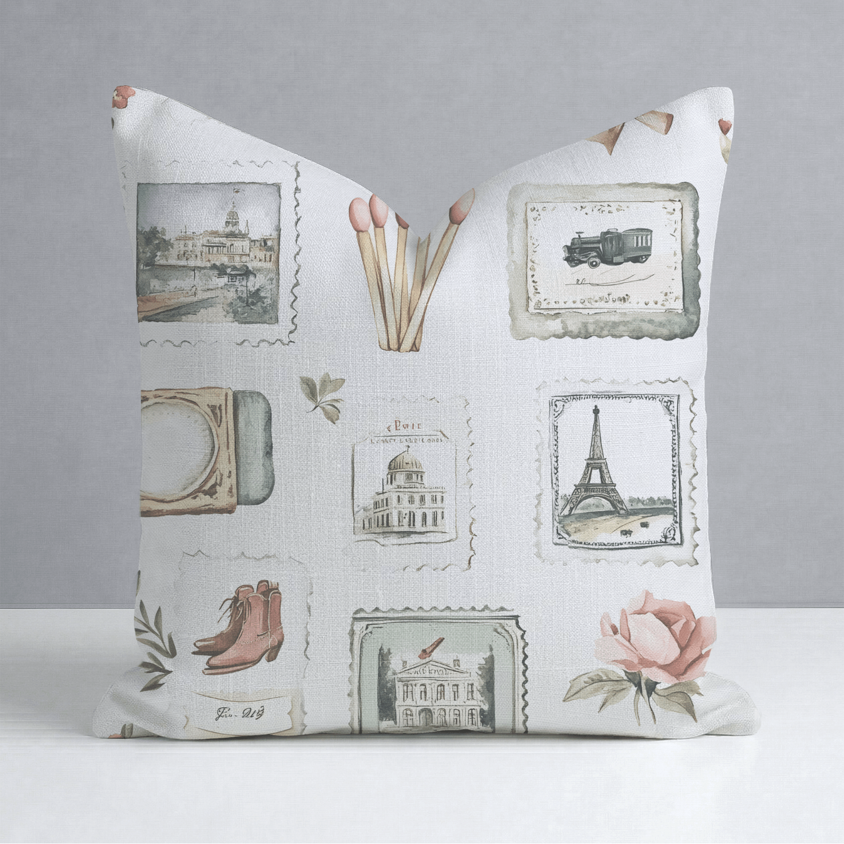 Postcards from Paris Throw Pillow - Lemon Park
