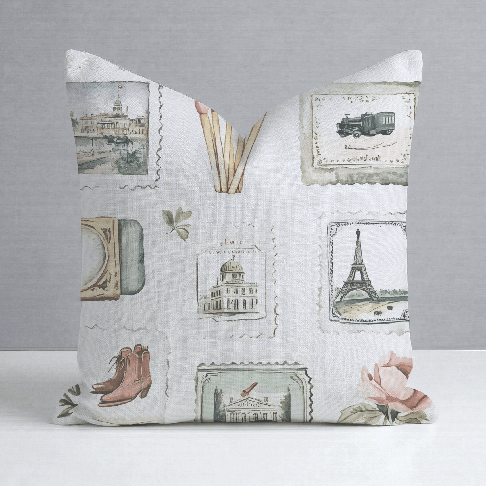 Postcards from Paris Throw Pillow - Lemon Park