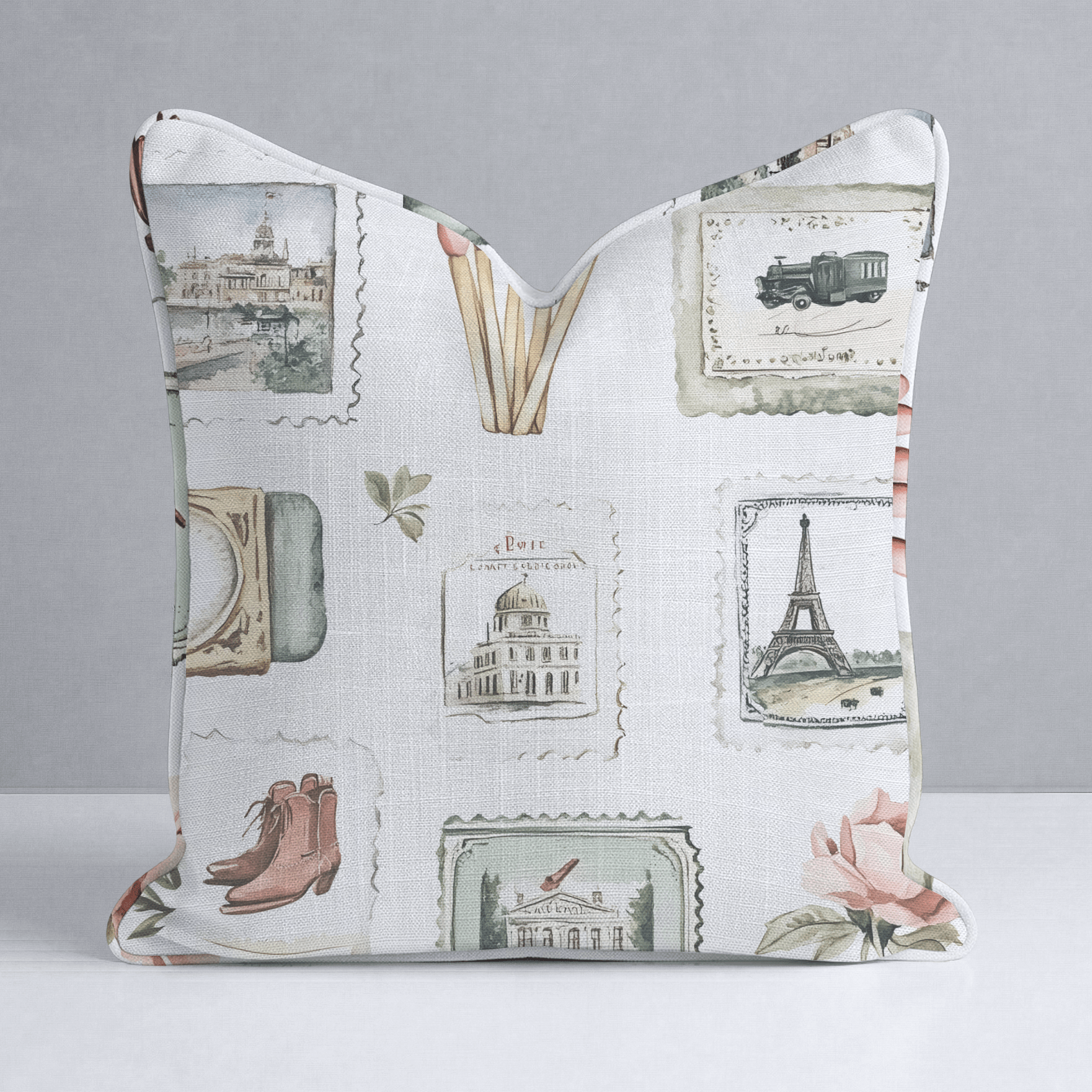 Postcards from Paris Throw Pillow - Lemon Park