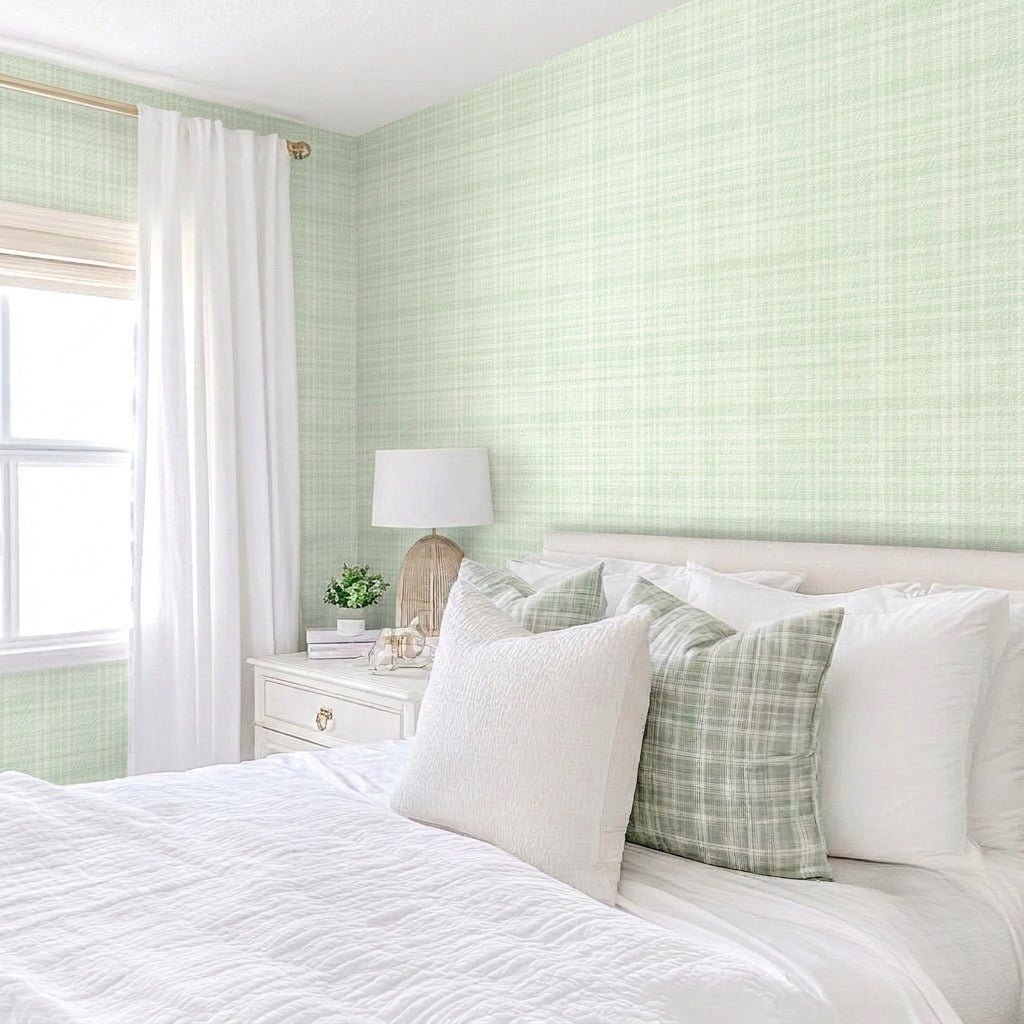 Sage Check Faux Grasscloth Wallpaper - Lemon Park