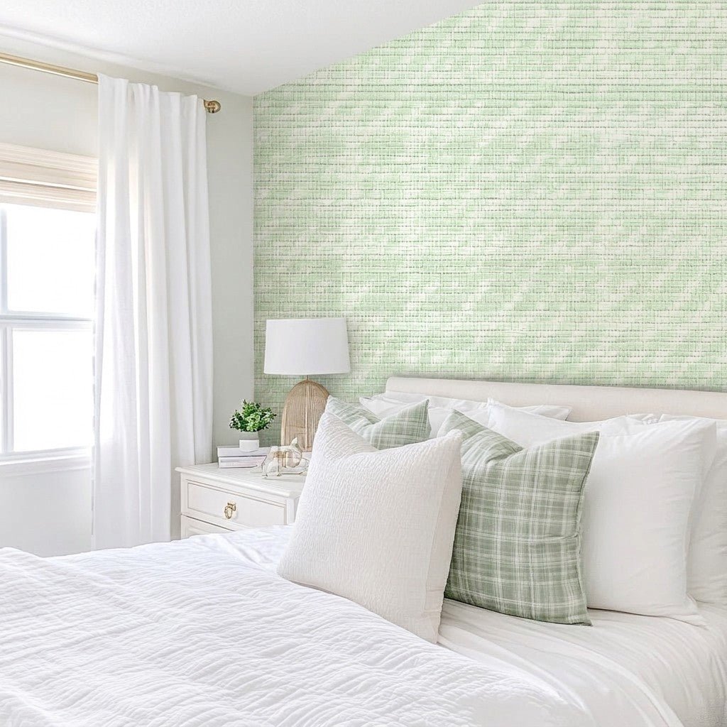 Sage Check Faux Grasscloth Wallpaper - Lemon Park