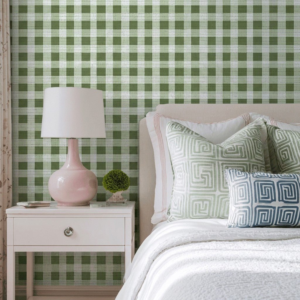 Sage Gingham Faux Grasscloth Wallpaper - Lemon Park