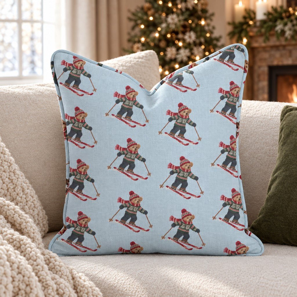 Ski Bear in Light Blue Throw Pillow - Lemon Park