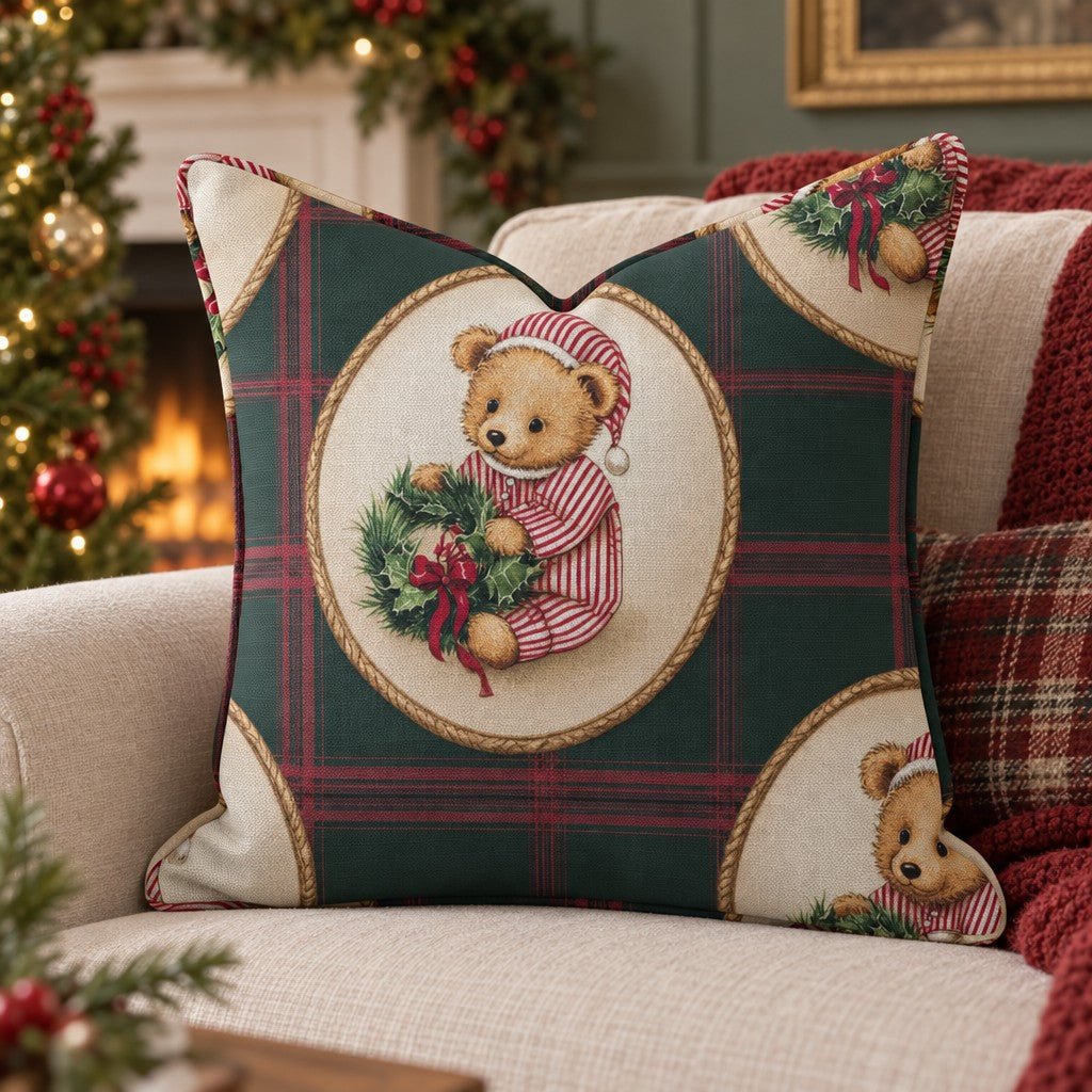 Sleepy Bear Tartan Throw Pillow - Lemon Park