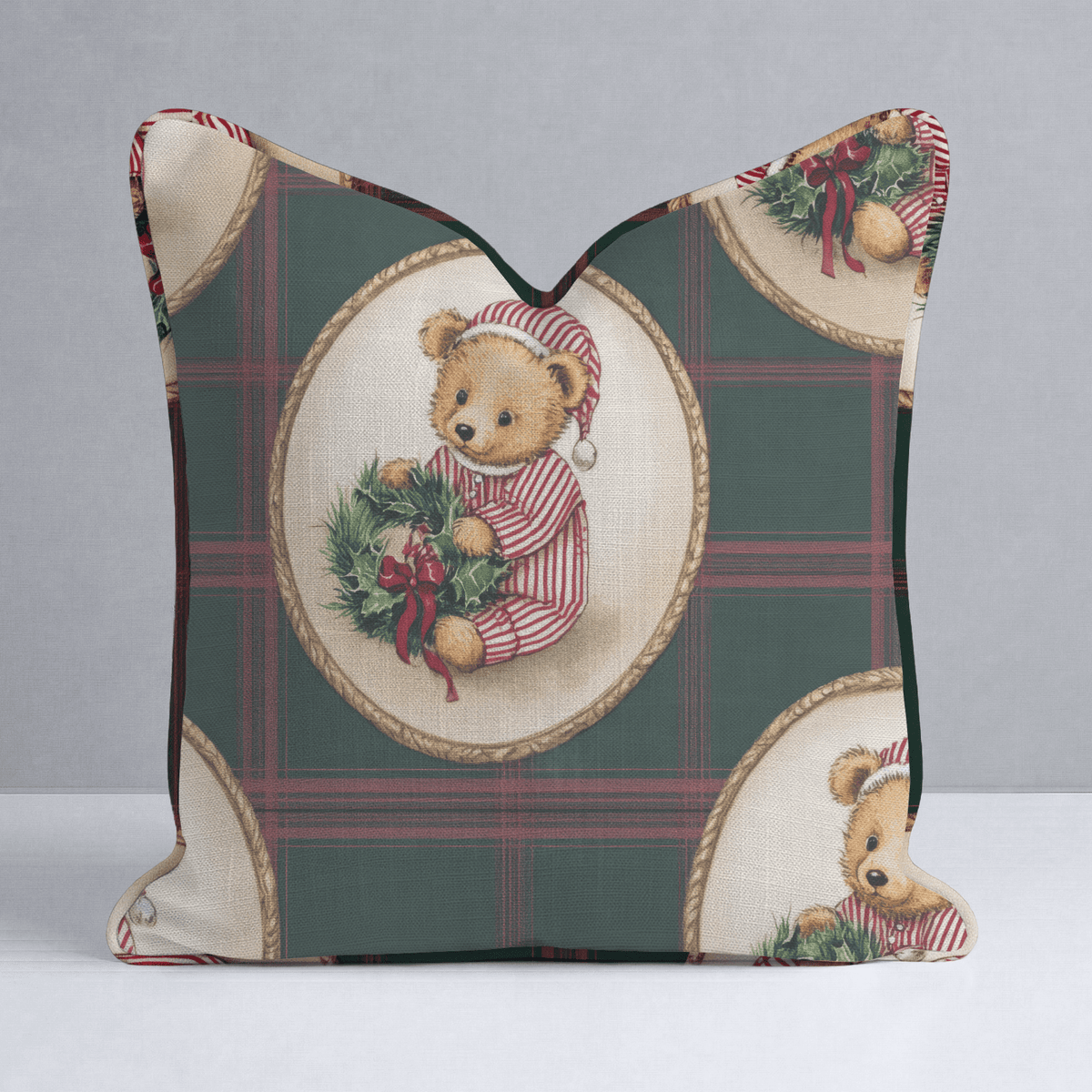 Sleepy Bear Tartan Throw Pillow - Lemon Park