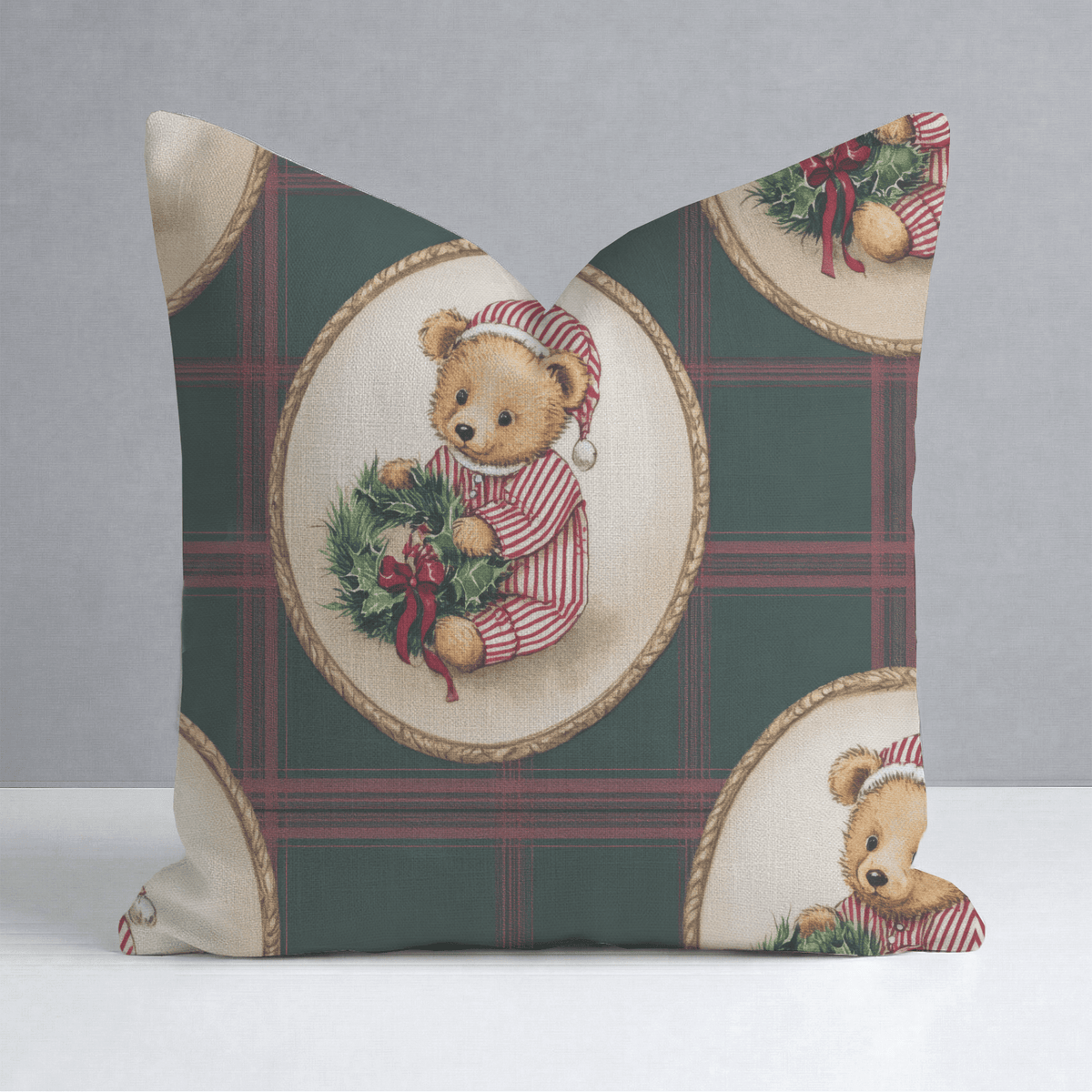 Sleepy Bear Tartan Throw Pillow - Lemon Park