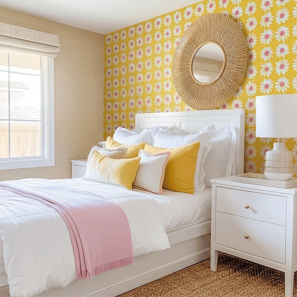 Sunshine Daisies Faux Grasscloth Wallpaper - Lemon Park