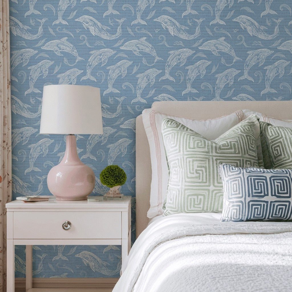 Swim With Dolphins Faux Grasscloth Wallpaper - Lemon Park