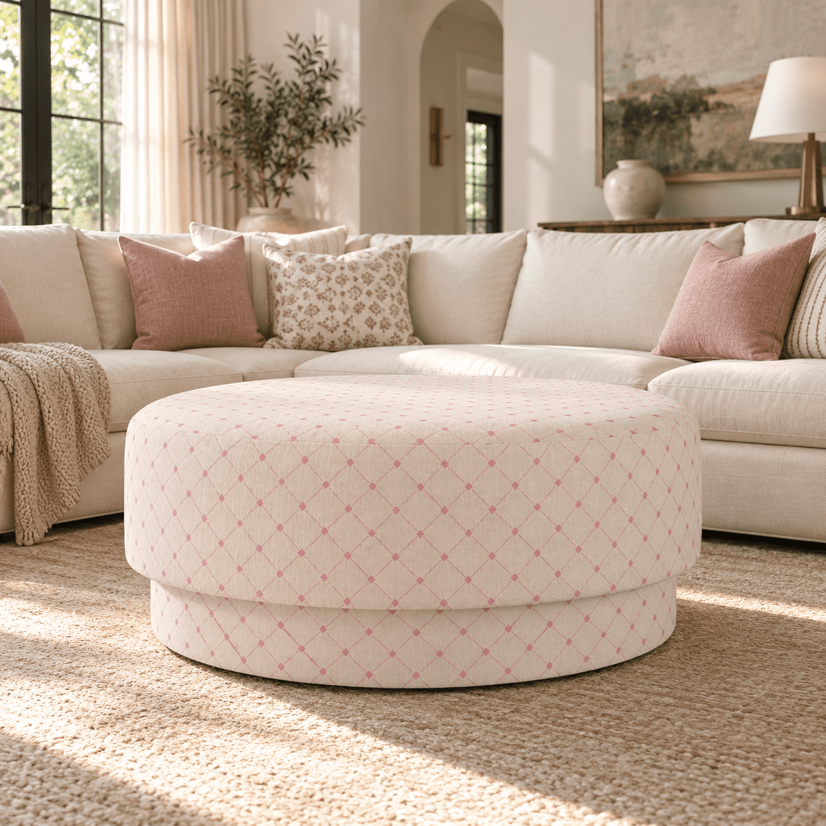 The Adelaide Ottoman in Bellagio Blush Linen Lattice - Lemon Park