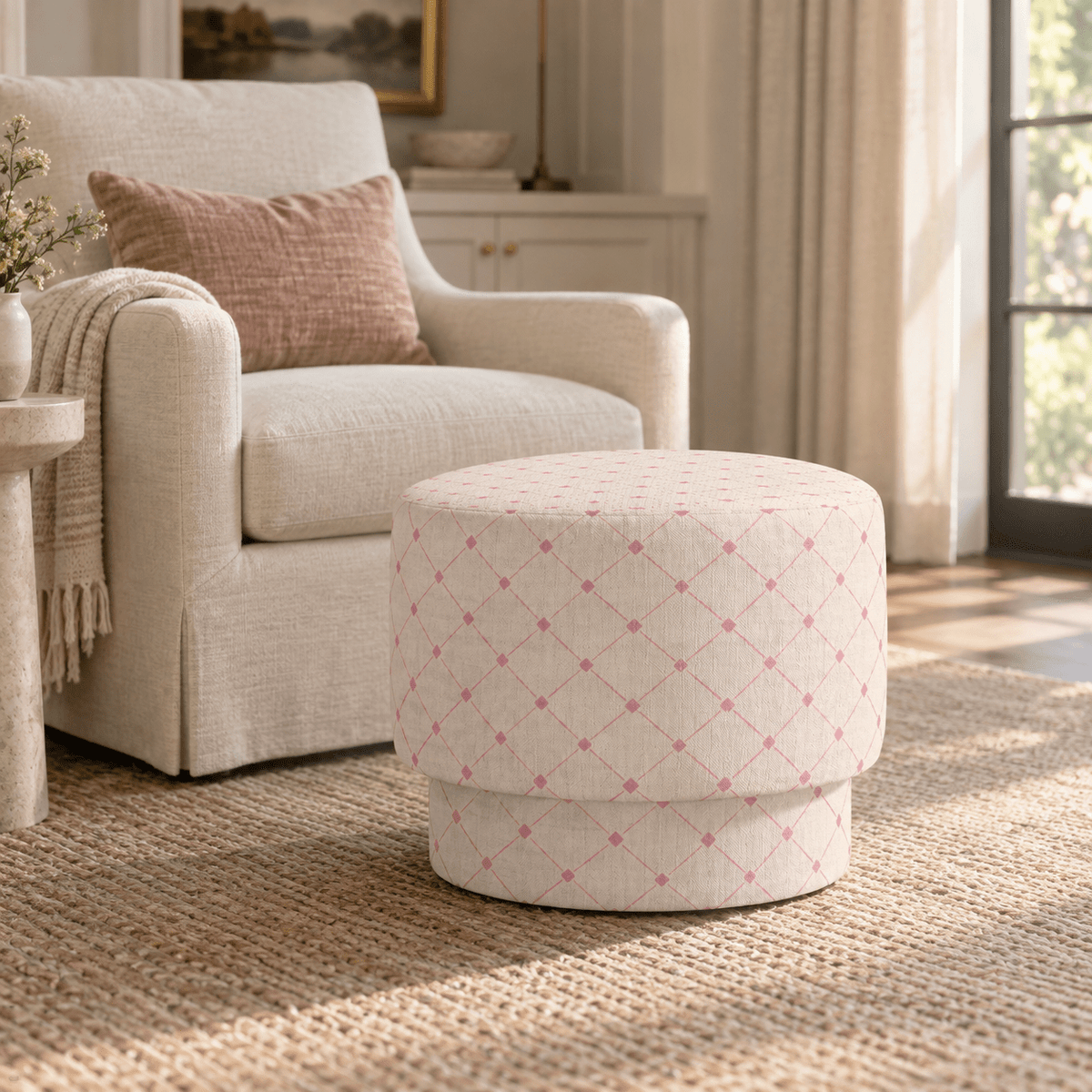 The Adelaide Ottoman in Bellagio Blush Linen Lattice - Lemon Park