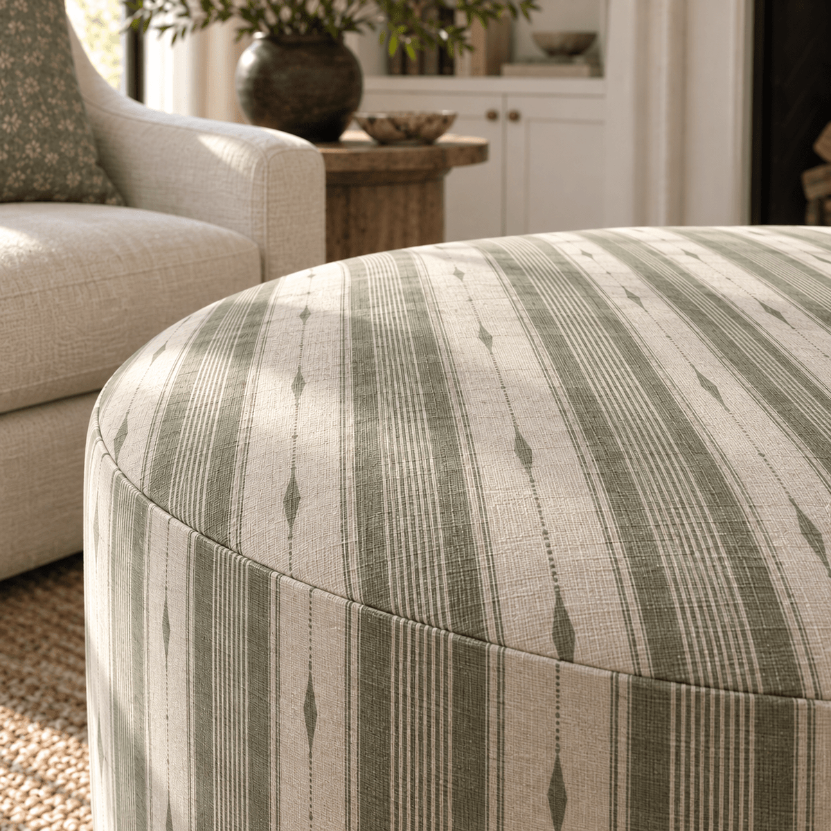 The Adelaide Ottoman in Blue Dresses Lemongrass Stripes - Lemon Park