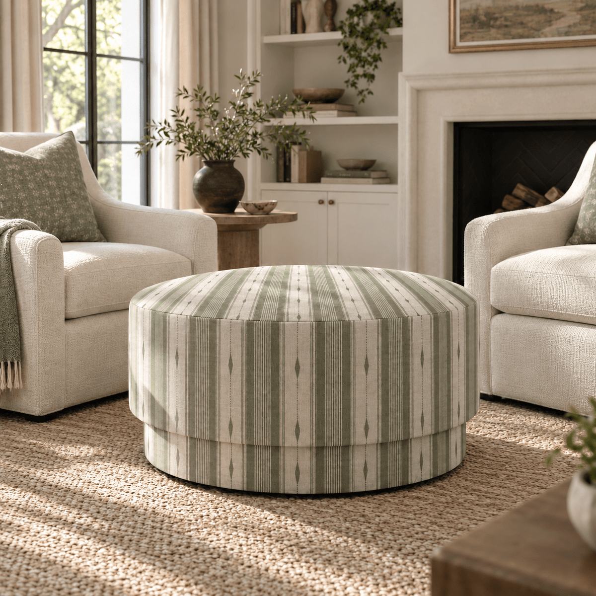 The Adelaide Ottoman in Blue Dresses Lemongrass Stripes - Lemon Park
