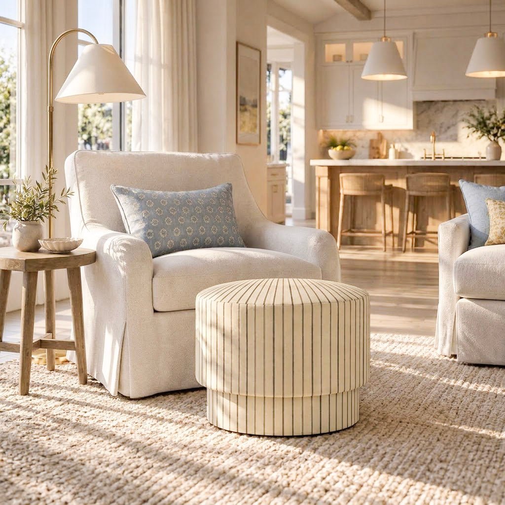 The Adelaide Ottoman in Jude Pinstripe - Lemon Park