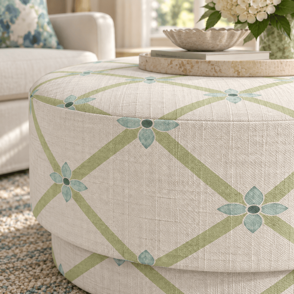 The Adelaide Ottoman in Mint To Be Floral Lattice - Lemon Park