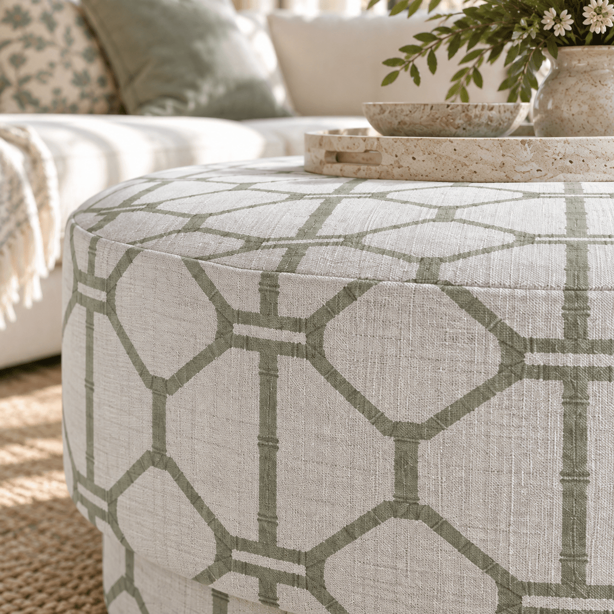 The Adelaide Ottoman in Palm Promenade Cool Mint Bamboo Trellis - Lemon Park
