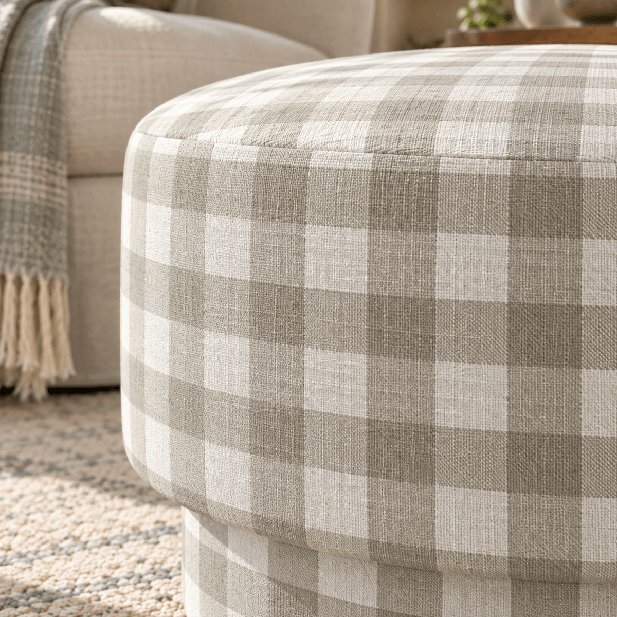 The Adelaide Ottoman in Pearl's Haven Fog Gingham - Lemon Park