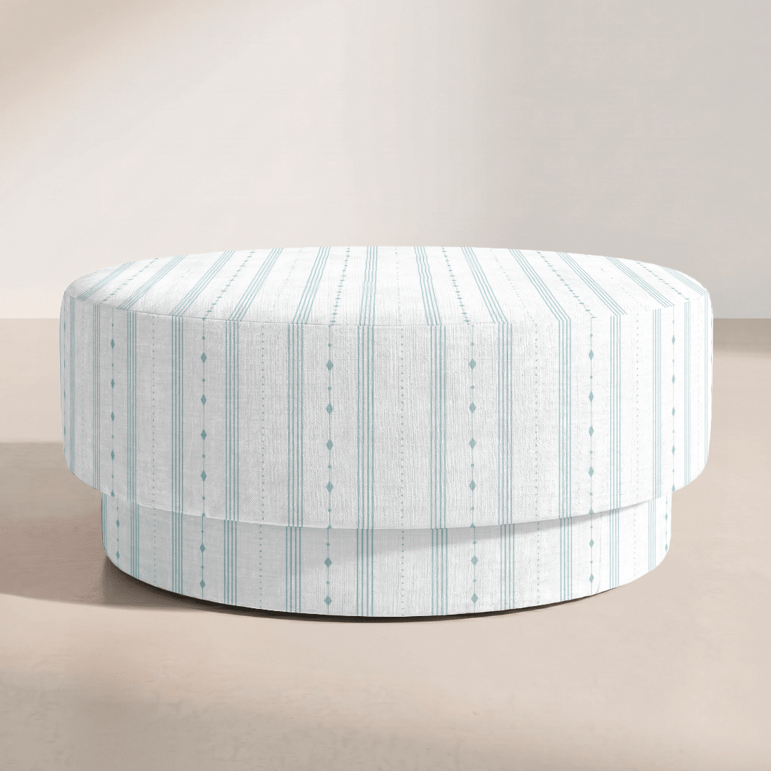 The Adelaide Ottoman in Pearl's Haven Spring Blue Stripes - Lemon Park
