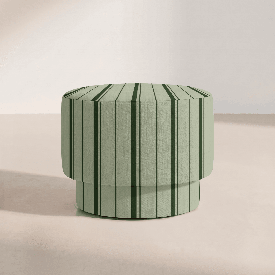 The Adelaide Ottoman in The Silk Garden Sage Stripes - Lemon Park
