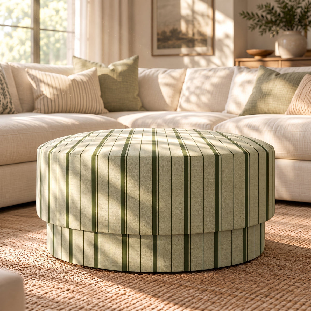 The Adelaide Ottoman in The Silk Garden Sage Stripes - Lemon Park
