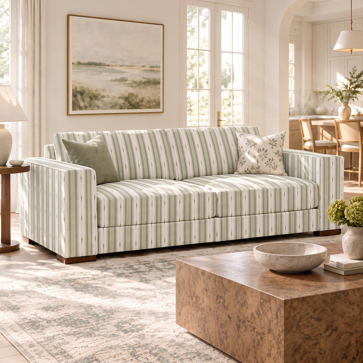The Christopher Sofa in Blue Dresses Lemongrass Stripes - Lemon Park