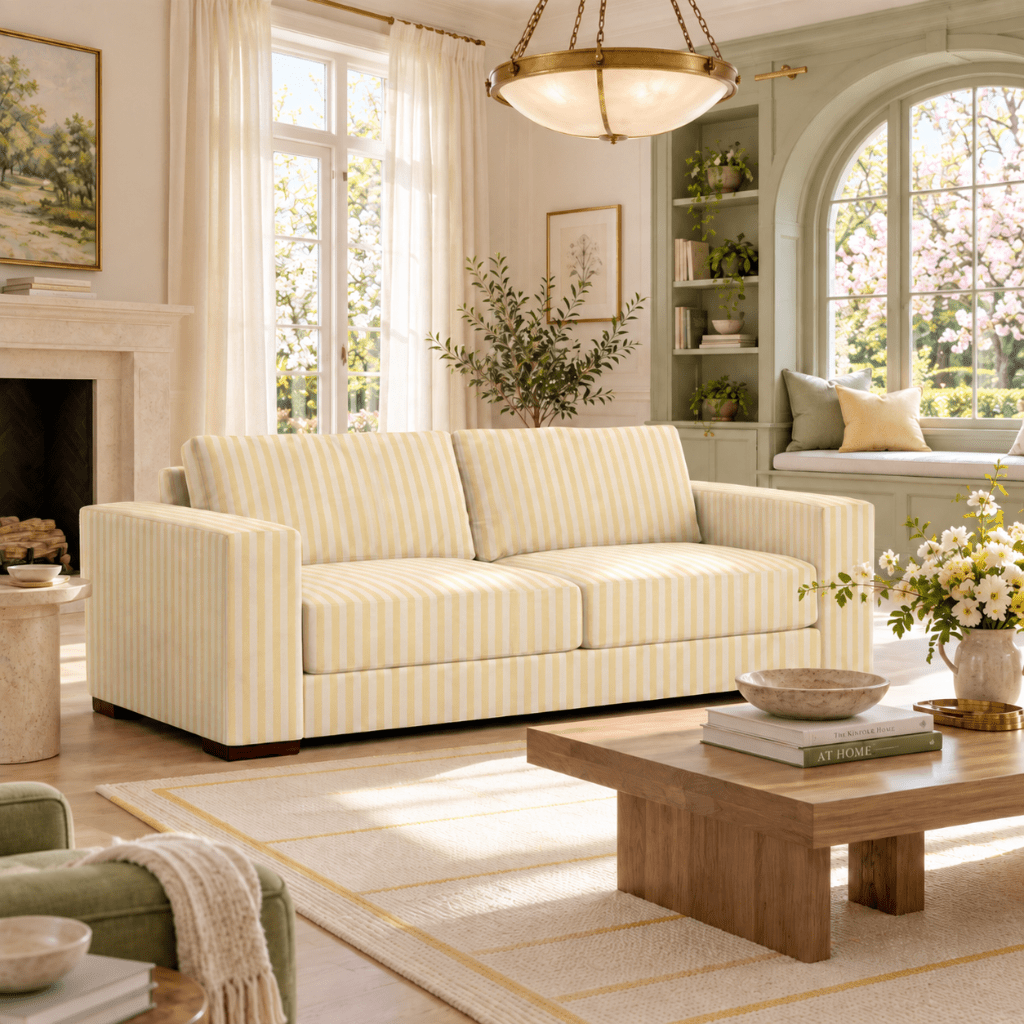 The Christopher Sofa in Juliet's Garden Easter Yellow Stripe - Lemon Park