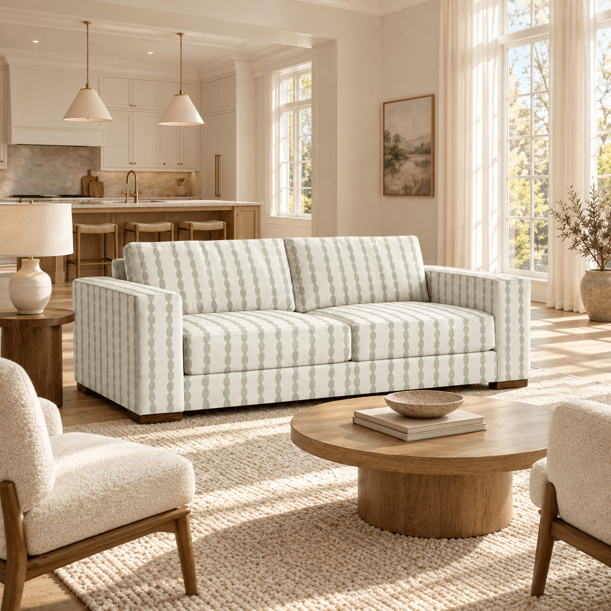 The Christopher Sofa in Loose Stems Lichen Chord Stripe - Lemon Park