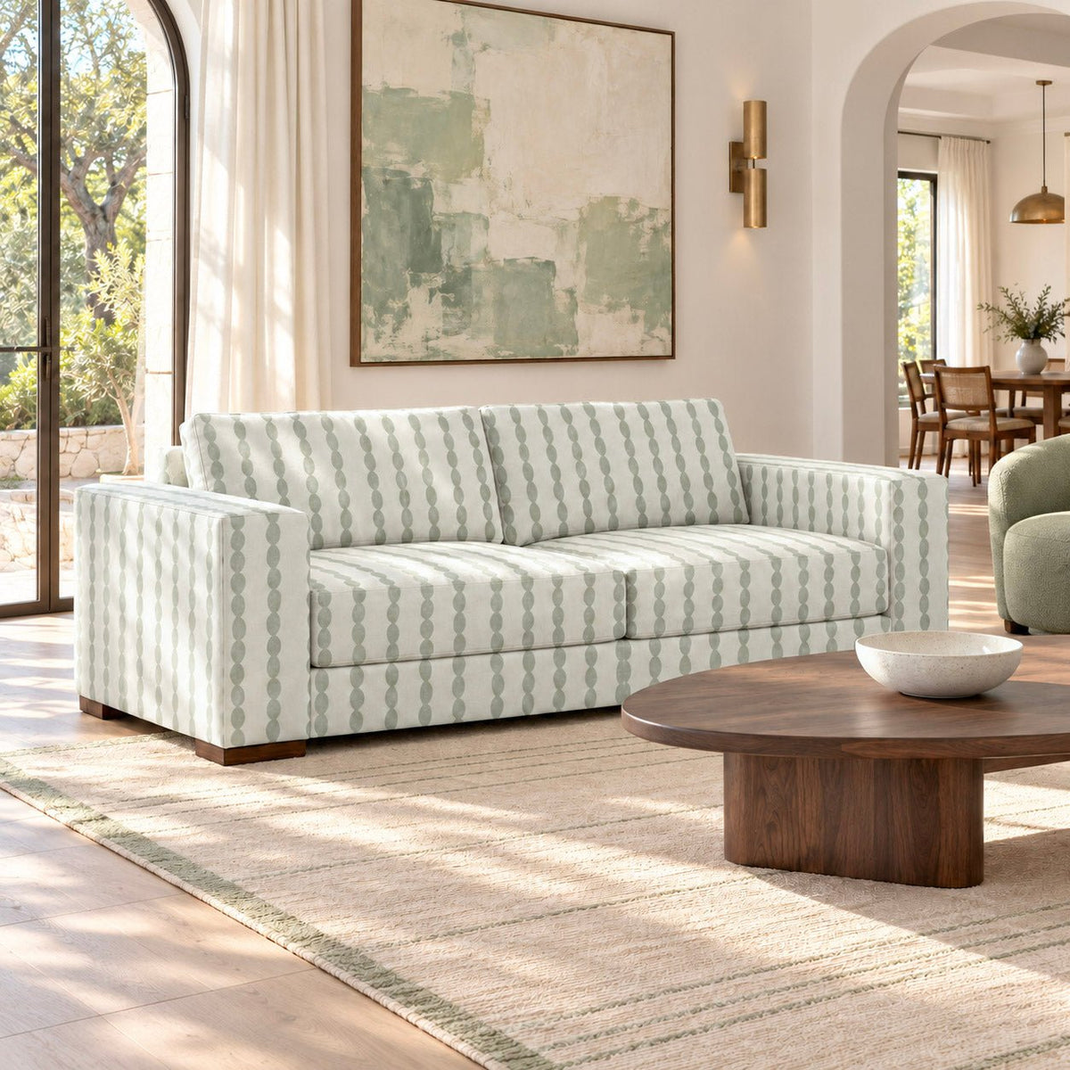 The Christopher Sofa in Loose Stems Lichen Chord Stripe - Lemon Park