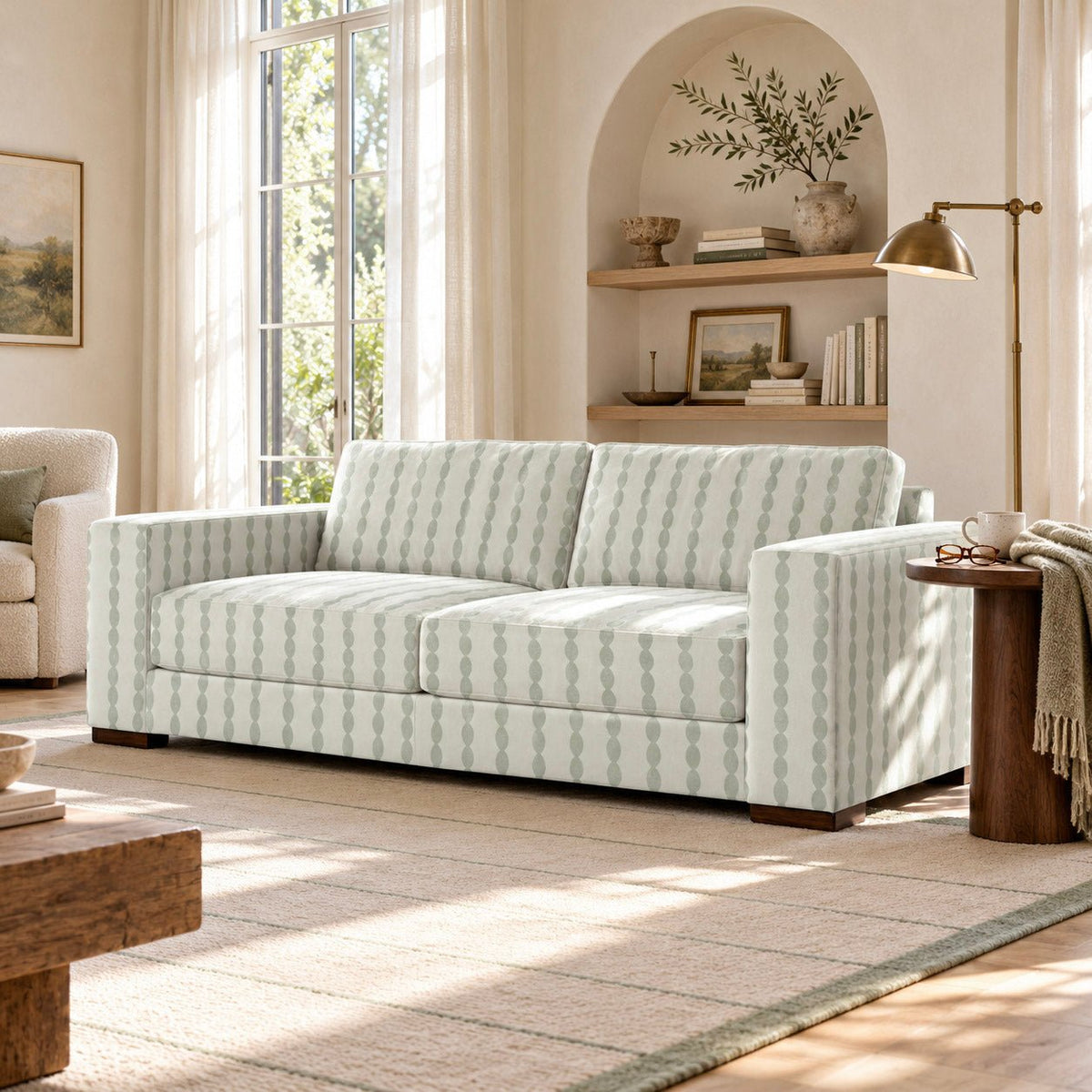 The Christopher Sofa in Loose Stems Lichen Chord Stripe - Lemon Park