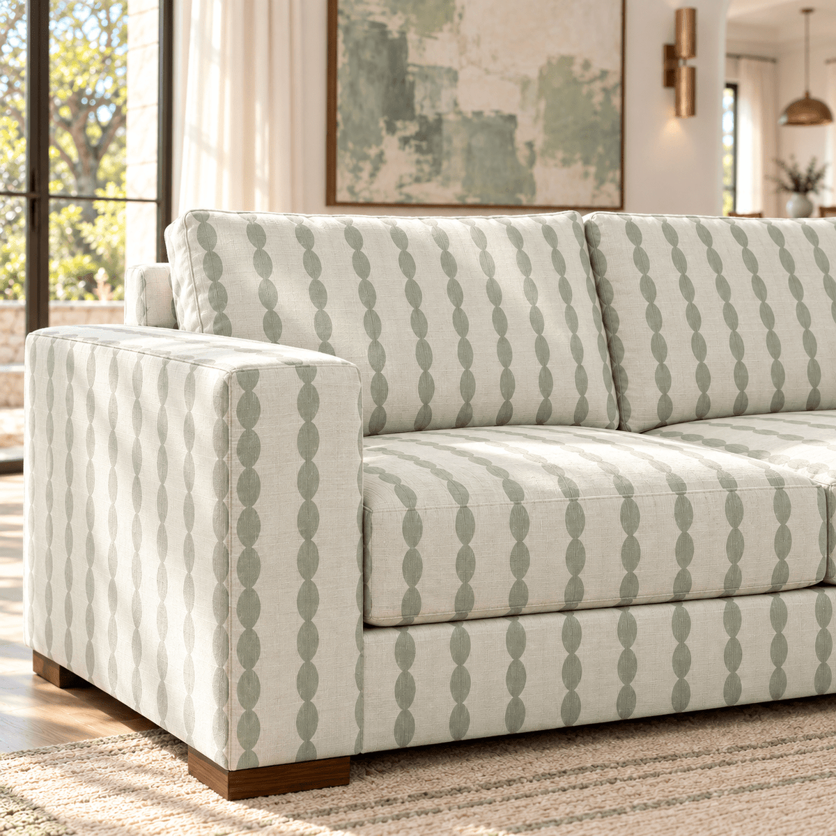 The Christopher Sofa in Loose Stems Lichen Chord Stripe - Lemon Park