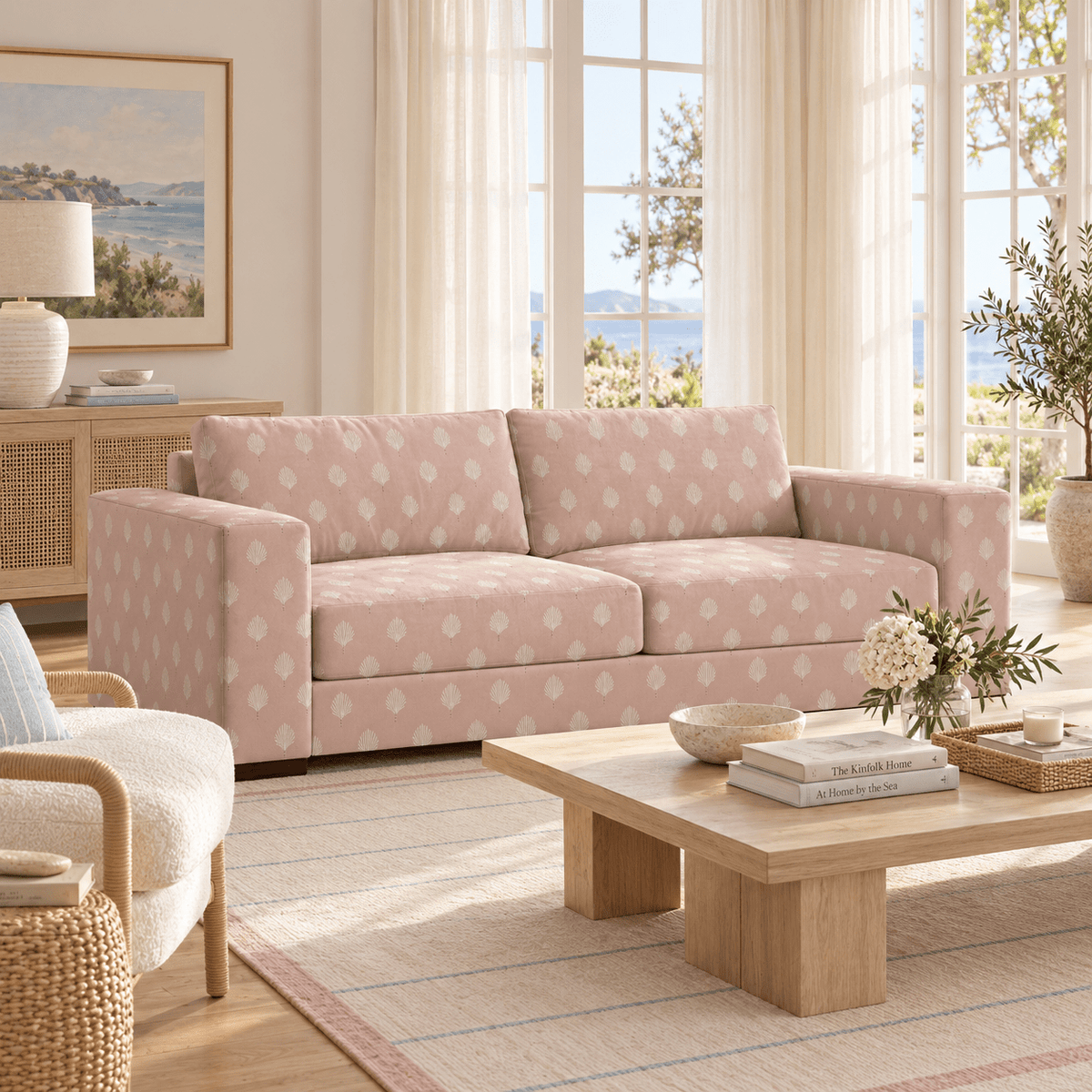 The Christopher Sofa in Loose Stems Petaline Block Print - Lemon Park