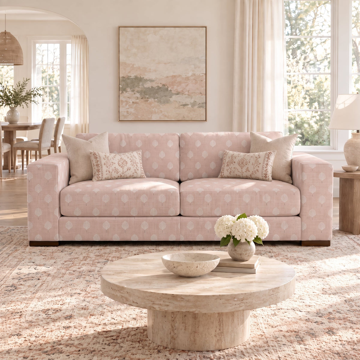 The Christopher Sofa in Loose Stems Petaline Block Print - Lemon Park