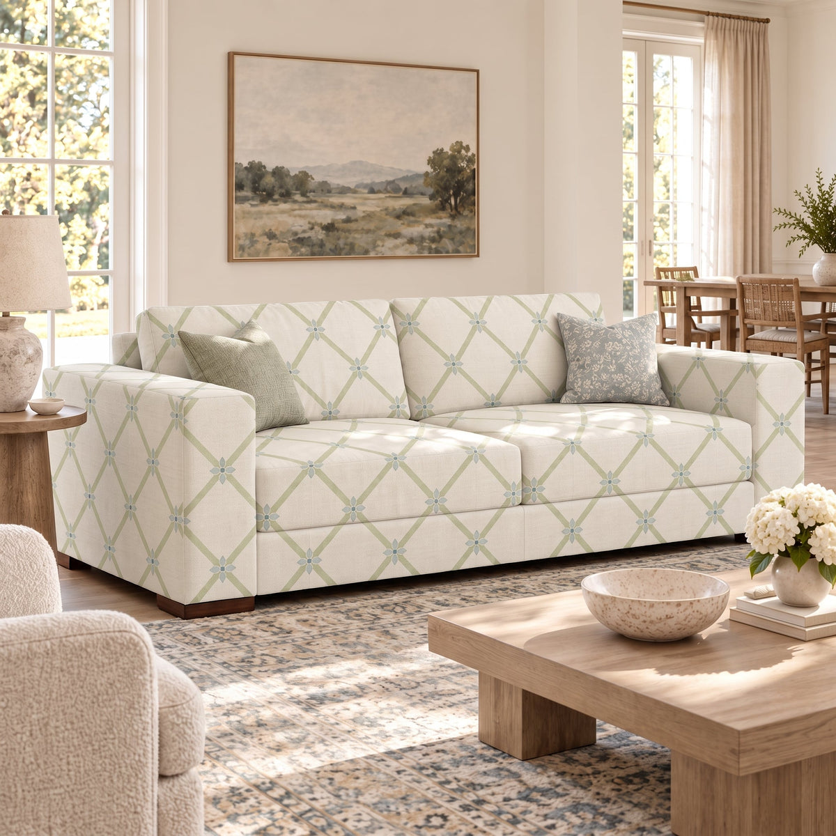 The Christopher Sofa in Mint To Be Floral Lattice - Lemon Park