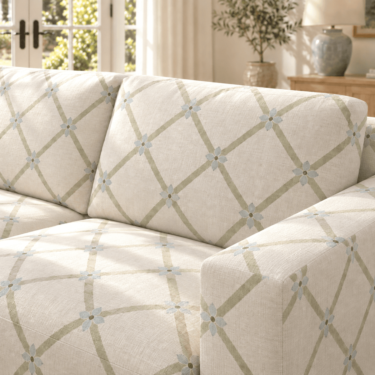 The Christopher Sofa in Mint To Be Floral Lattice - Lemon Park