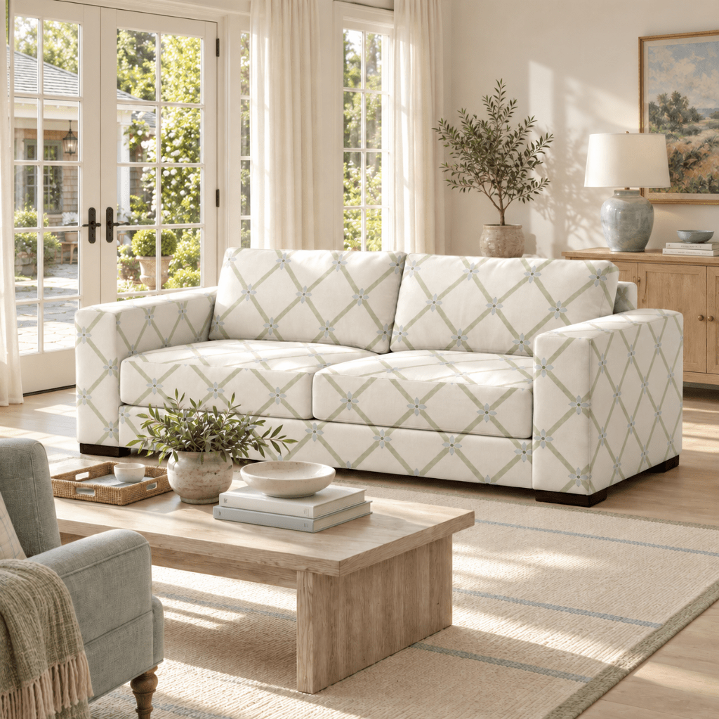 The Christopher Sofa in Mint To Be Floral Lattice - Lemon Park