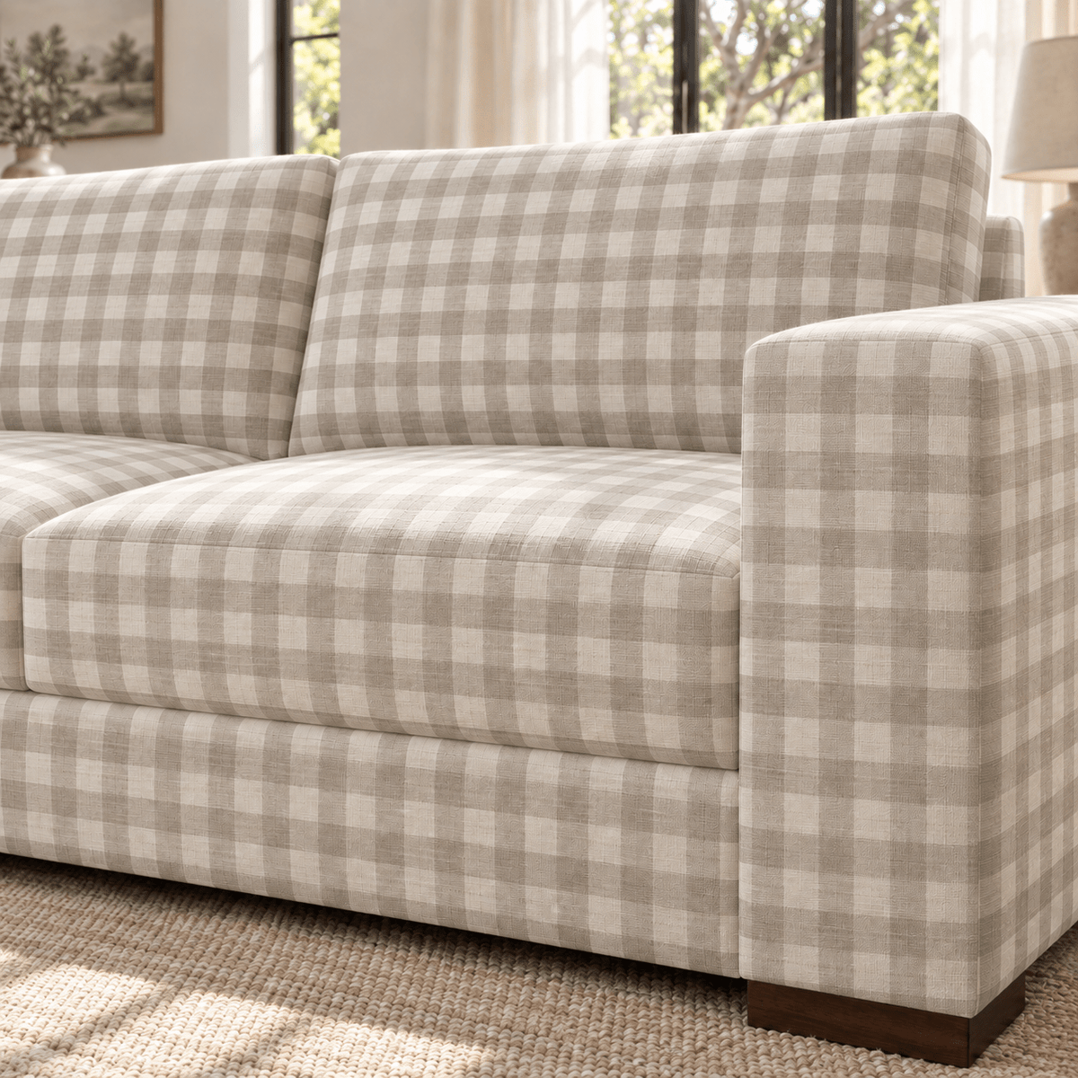 The Christopher Sofa in Pearl's Haven Fog Gingham - Lemon Park