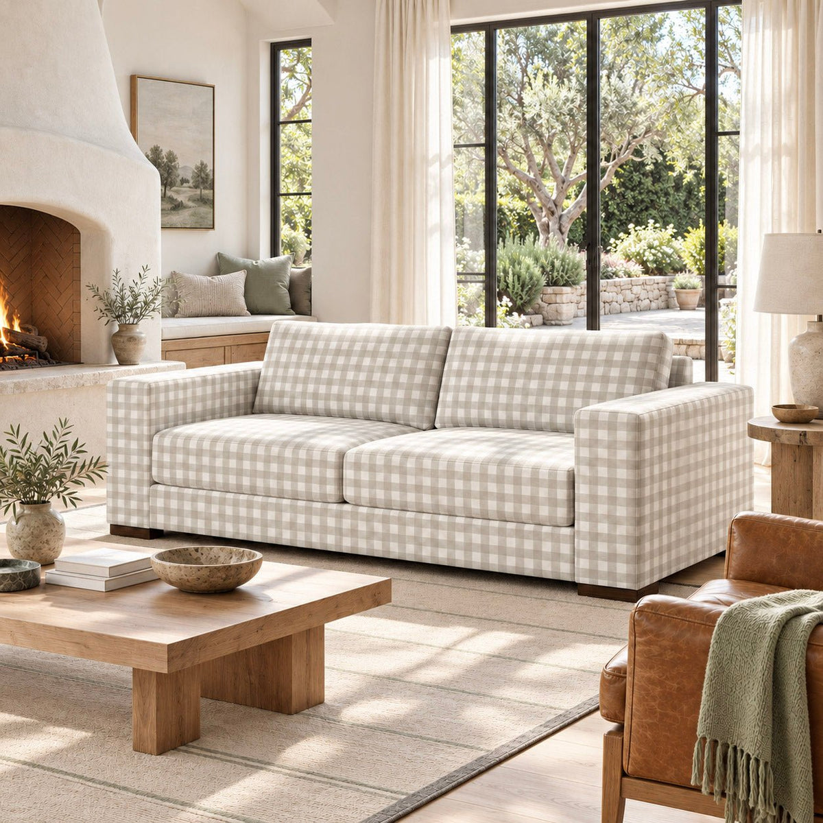 The Christopher Sofa in Pearl's Haven Fog Gingham - Lemon Park