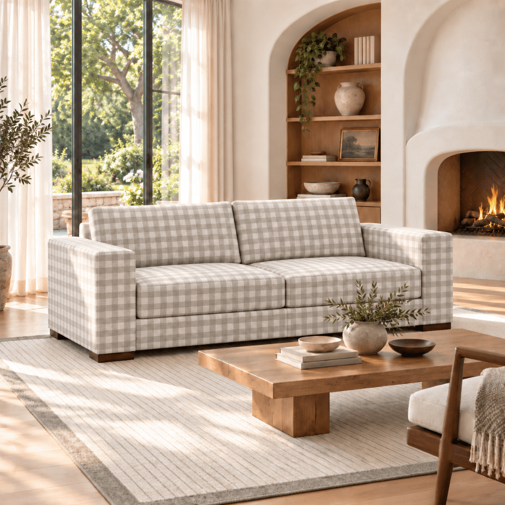 The Christopher Sofa in Pearl's Haven Fog Gingham - Lemon Park