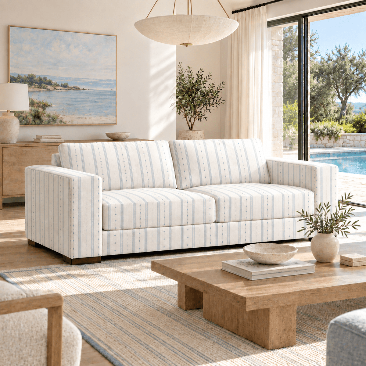 The Christopher Sofa in Pearl's Haven Spring Blue Stripes - Lemon Park