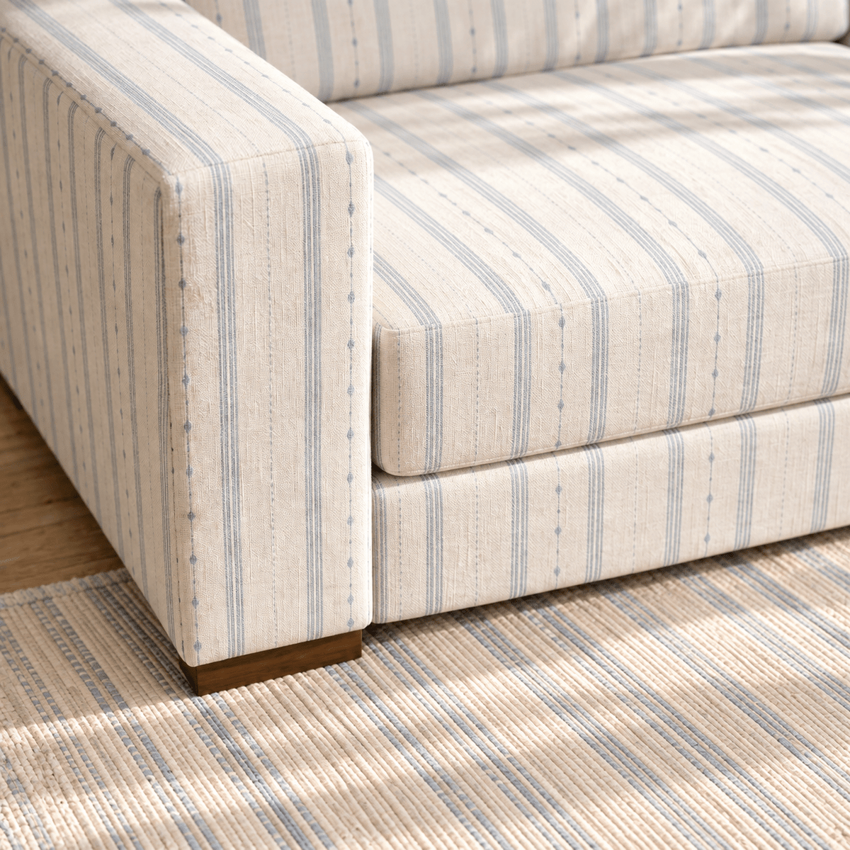 The Christopher Sofa in Pearl's Haven Spring Blue Stripes - Lemon Park