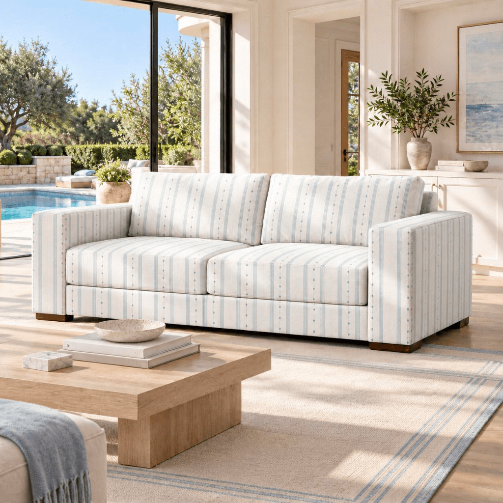 The Christopher Sofa in Pearl's Haven Spring Blue Stripes - Lemon Park