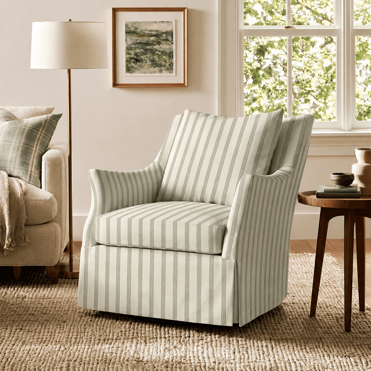 The Eleanor Chair in Orange County Olive Stripes - Lemon Park