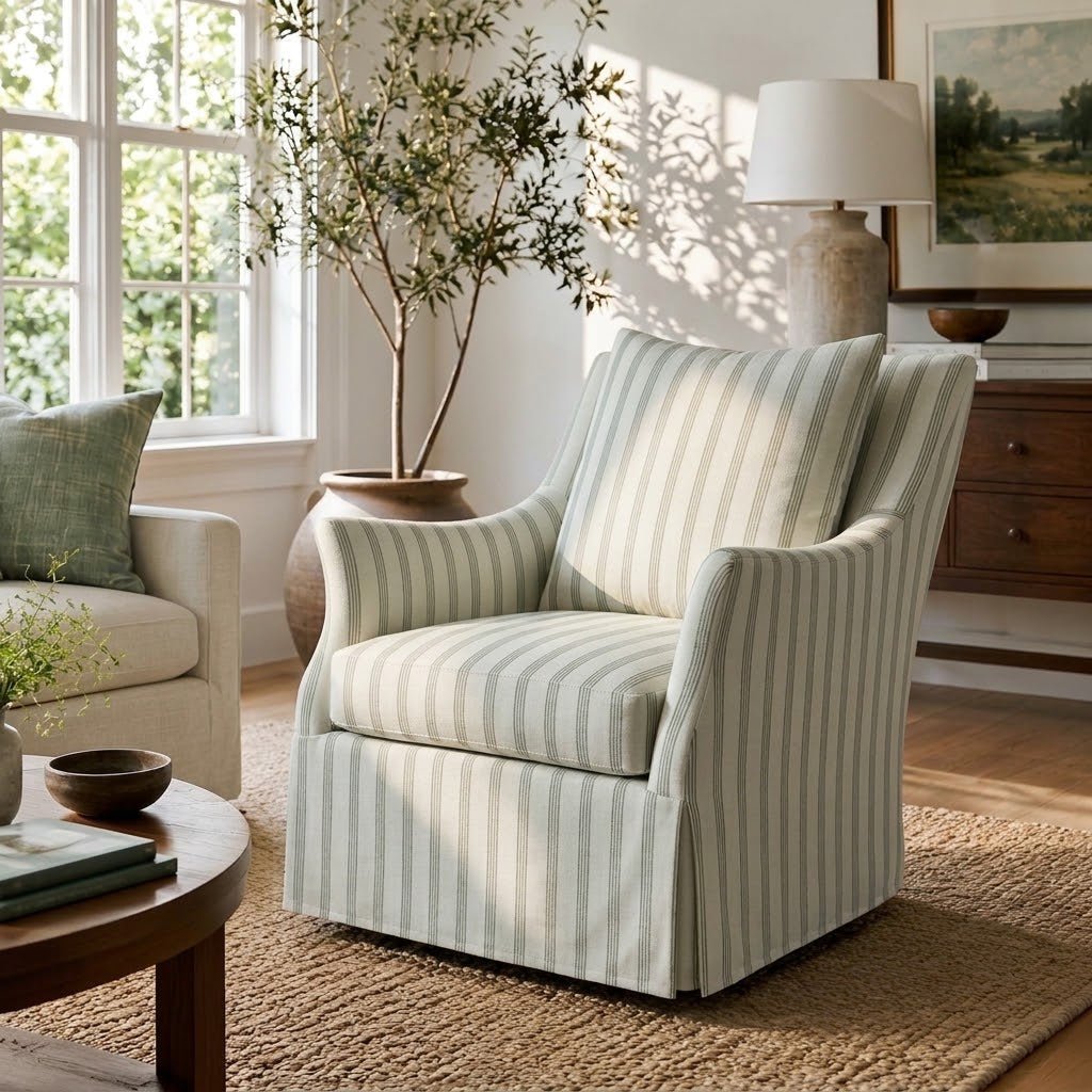 The Eleanor Chair in Orange County Olive Stripes - Lemon Park