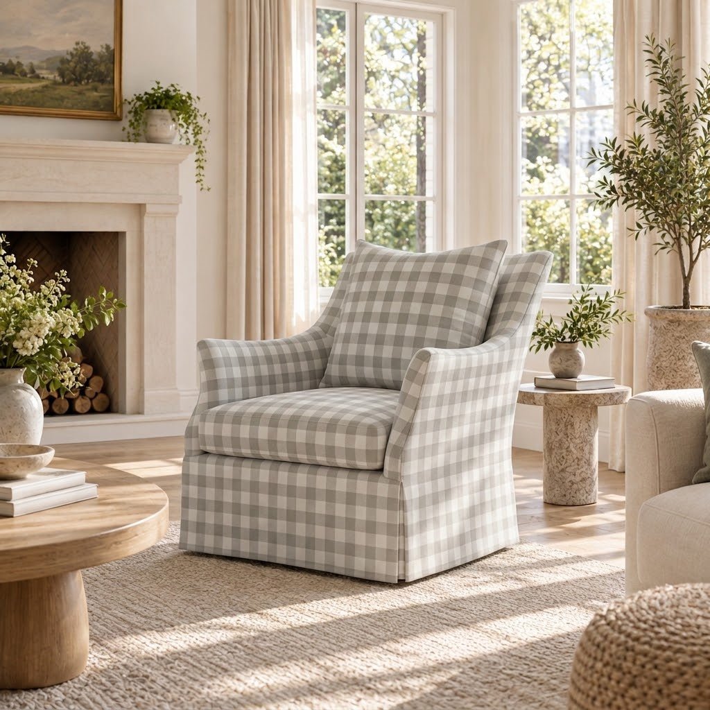 The Eleanor Chair in Pearl's Haven Fog Gingham - Lemon Park