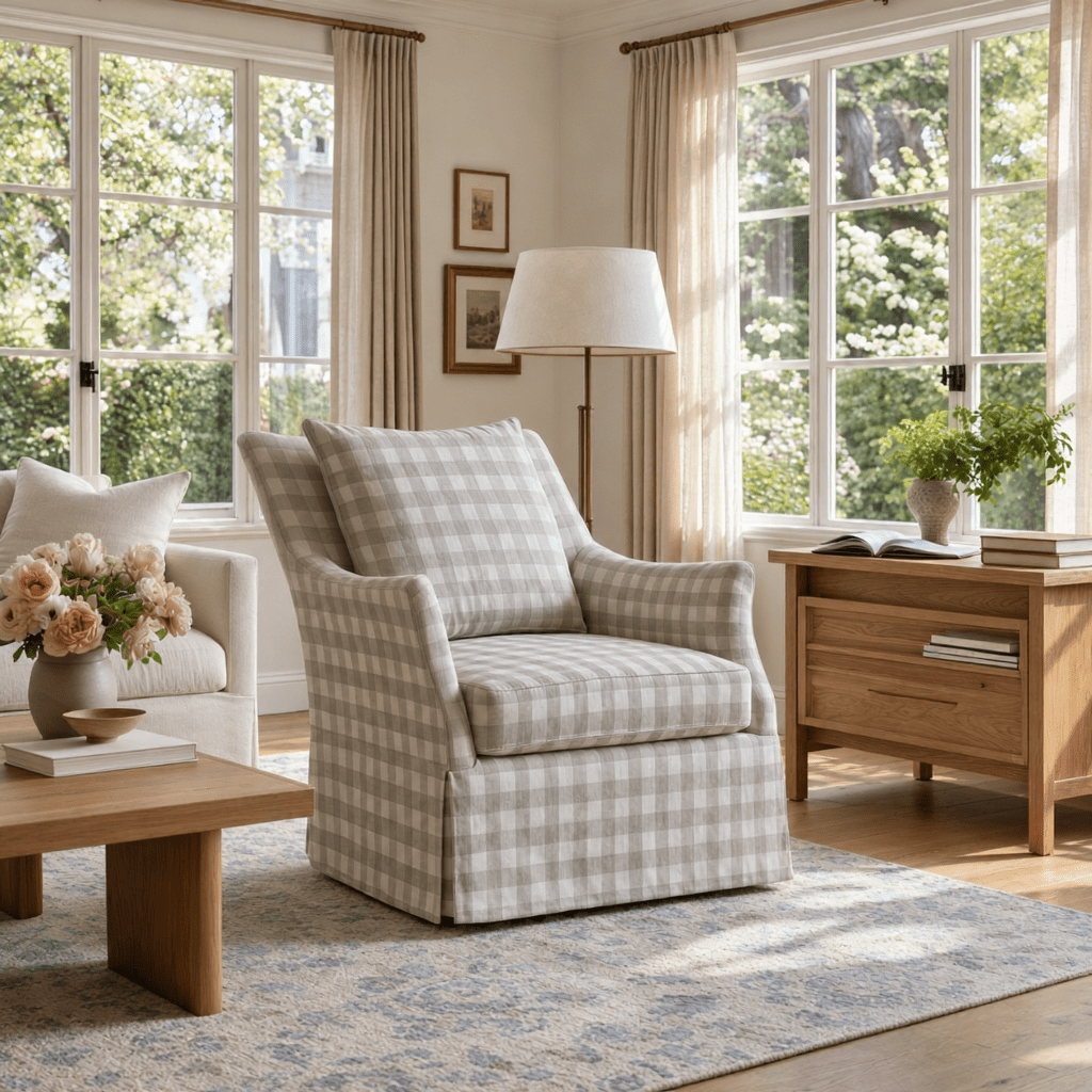 The Eleanor Chair in Pearl's Haven Fog Gingham - Lemon Park