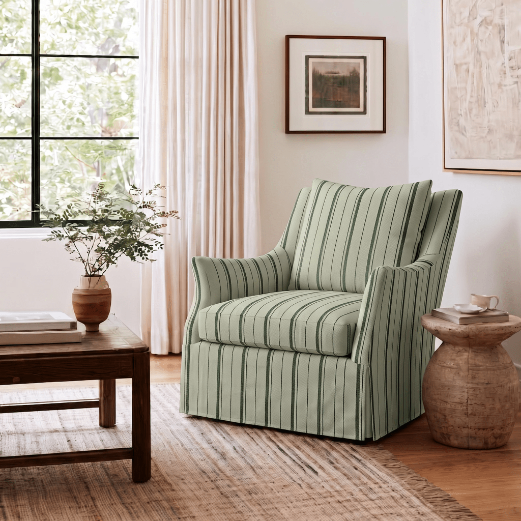 The Eleanor Chair in The Silk Garden Sage Stripes - Lemon Park