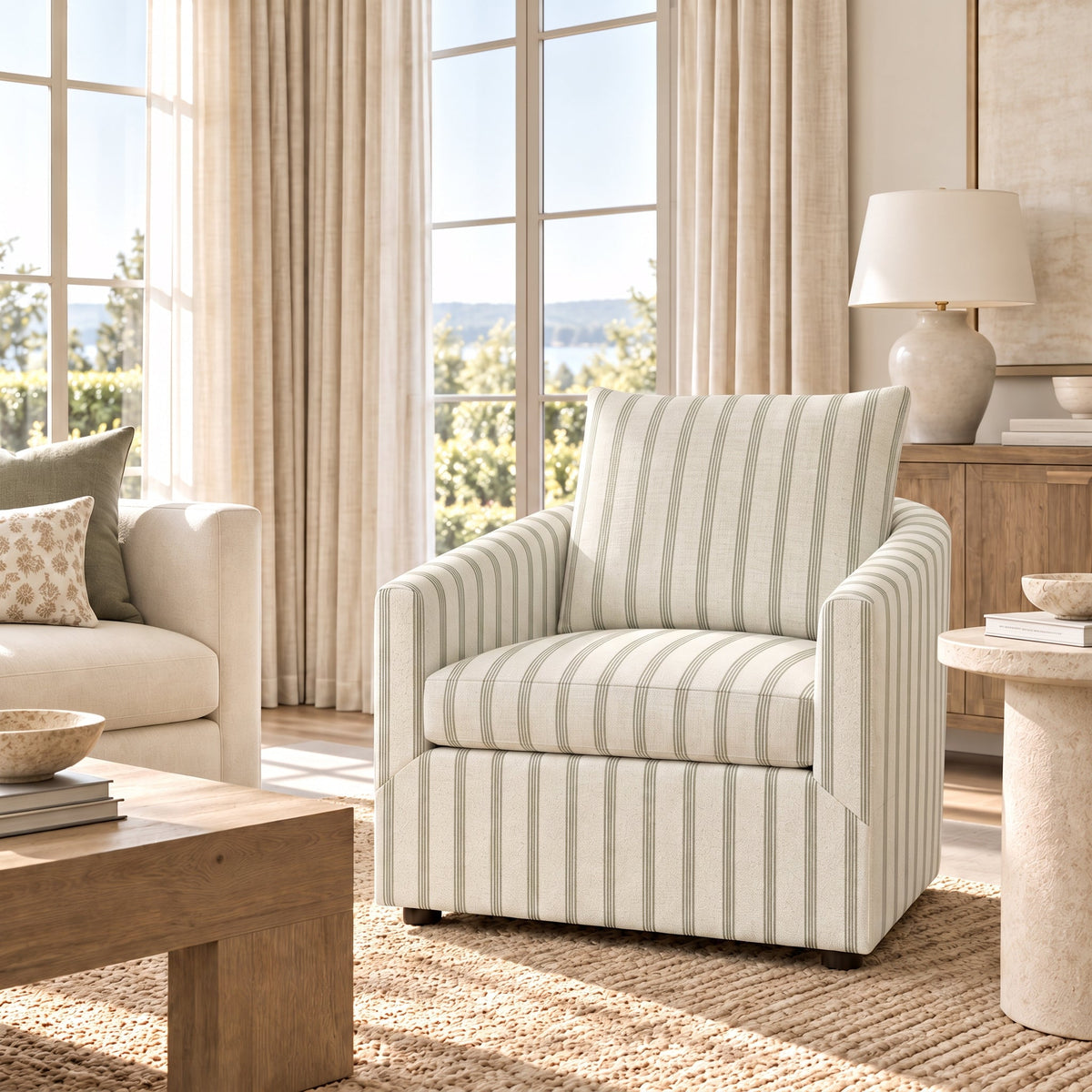The Grace Chair in Orange County Olive Stripes - Lemon Park