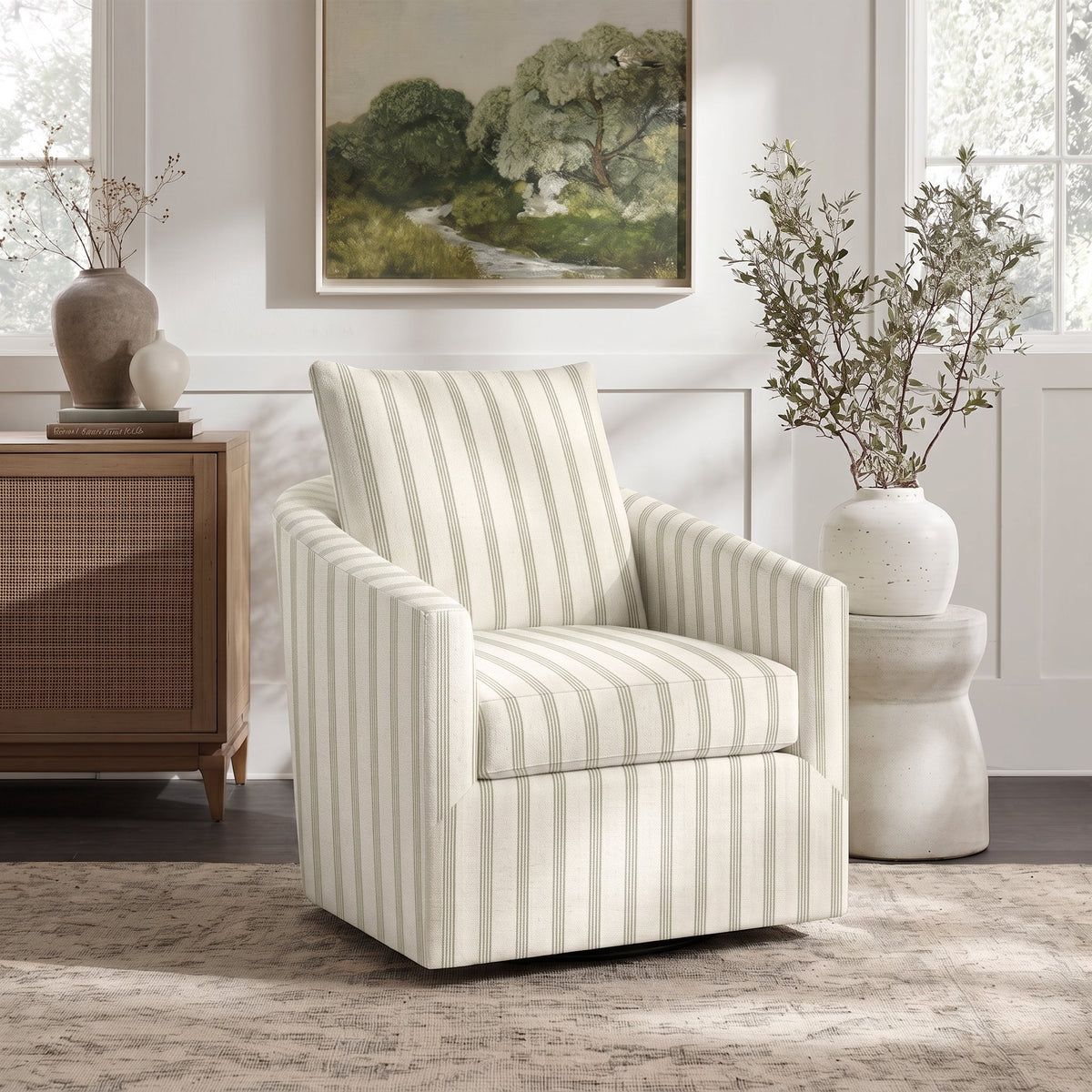 The Grace Chair in Orange County Olive Stripes - Lemon Park