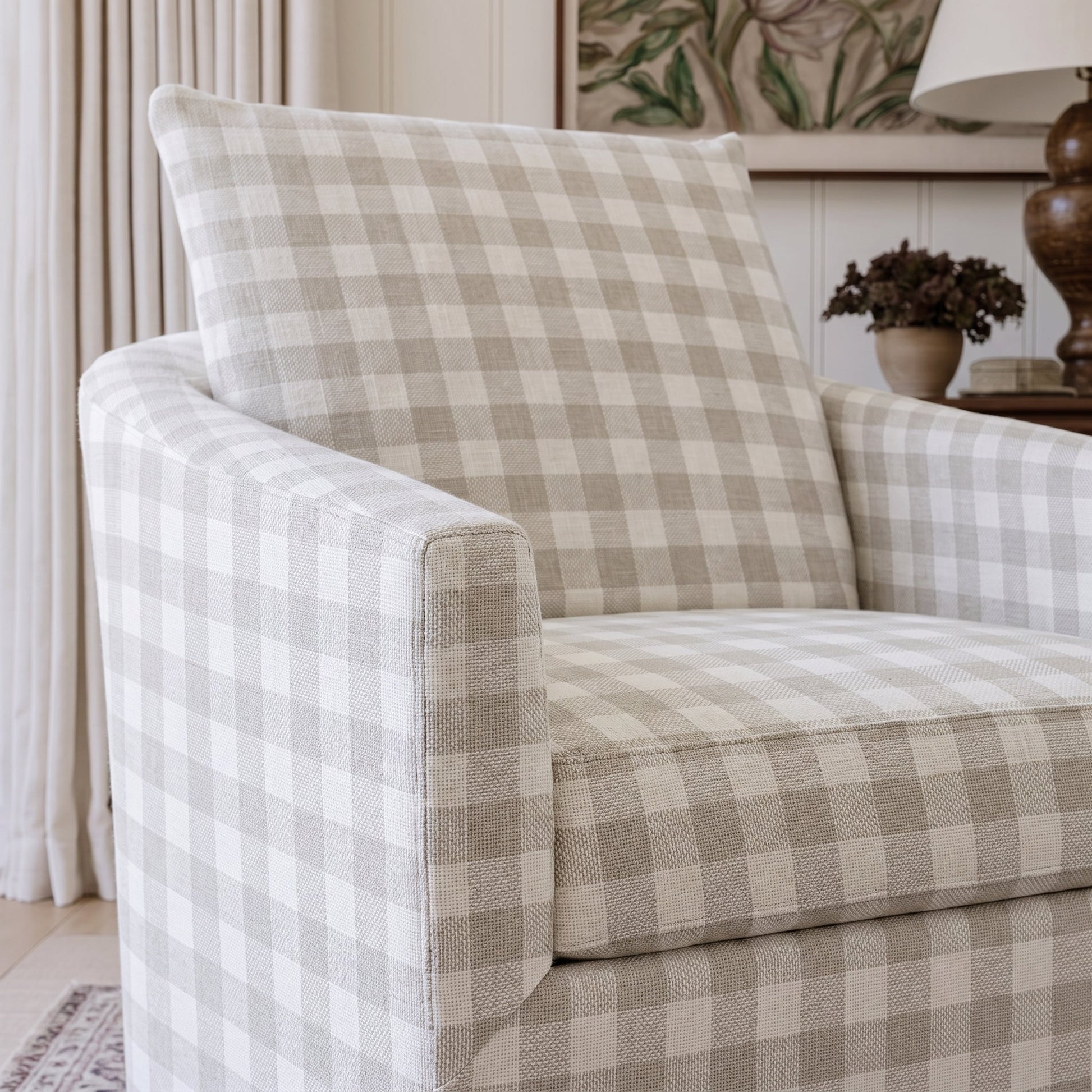 The Grace Chair in Pearl's Haven Fog Gingham - Lemon Park