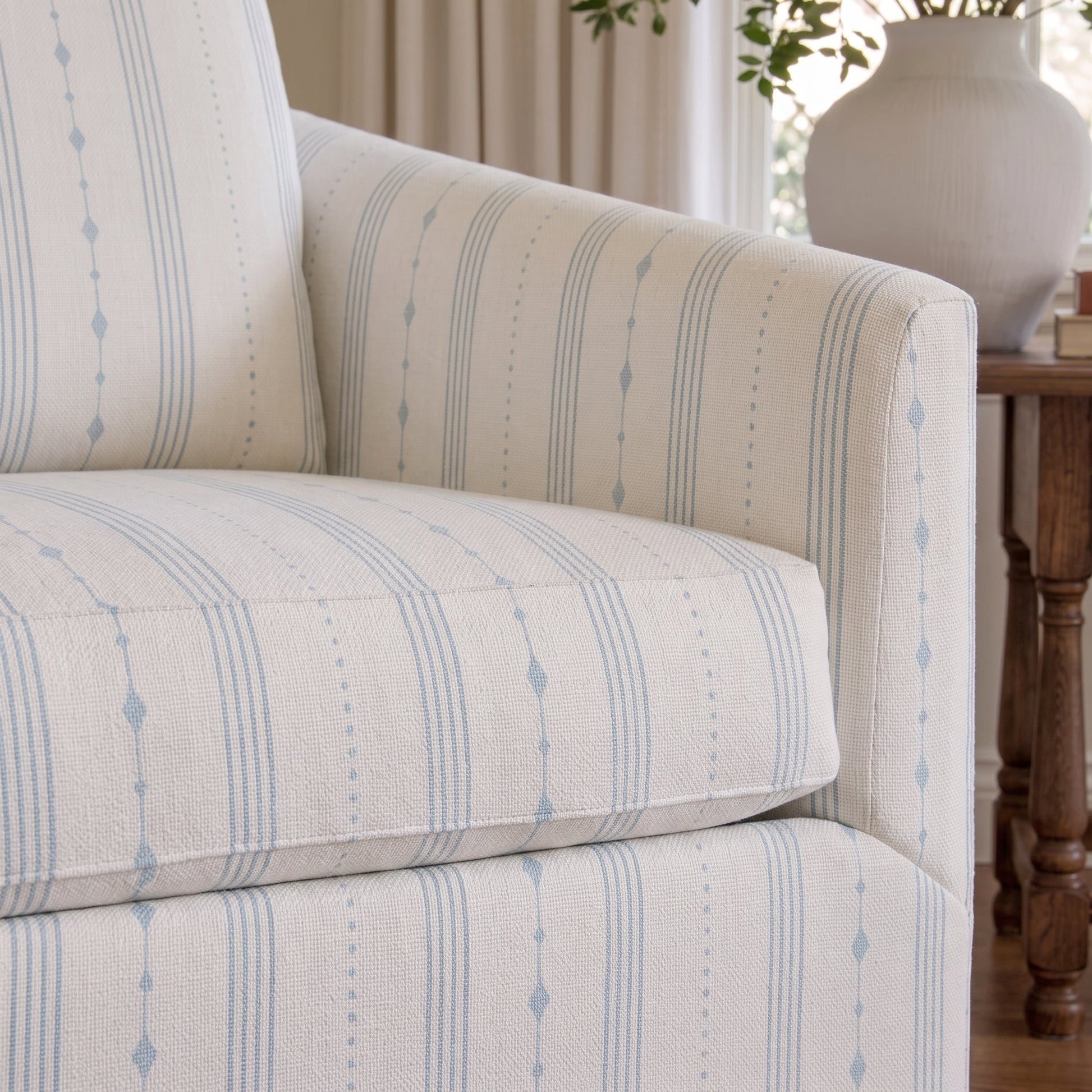 The Grace Chair in Pearl's Haven Spring Blue Stripes - Lemon Park